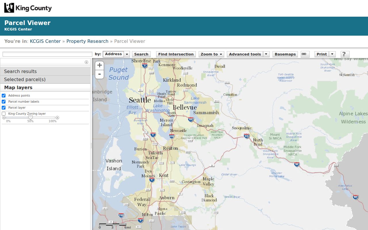 Shoreline parcel map directory screen