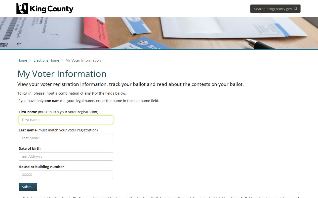 King County My Voter Information identity and address fields